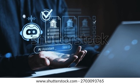 Futuristic interface of AI assistant helping with real estate property catalog search, digital elements, glowing icons on dark blurred background, concept of management