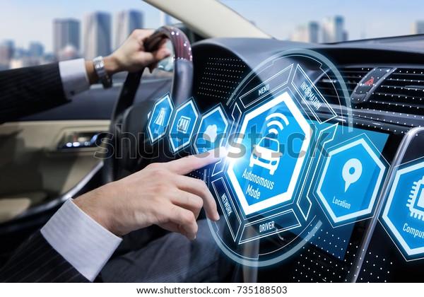 Futuristic interface of autonomous car.\
Graphical user interface. Head up\
display.