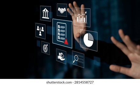 Futuristic interface with checklists, graphs, icons, and virtual hand gestures showcasing business analytics and financial management concepts