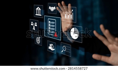 Futuristic interface with checklists, graphs, icons, and virtual hand gestures showcasing business analytics and financial management concepts