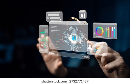 Futuristic Interface Concept with AI Technology and Data Visualization on Transparent Screens in Digital Environment Quark.