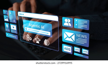 Futuristic Interface Displaying Agent Technology with User Interacting on Digital Keyboard in a Dark Environment Gluon.