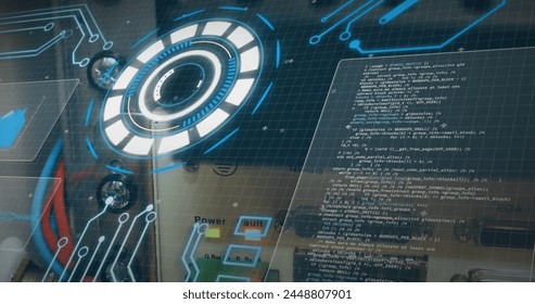 A futuristic interface displays advanced technology, with copy space. Office or tech lab setting with digital overlays suggests cutting-edge research or data analysis.