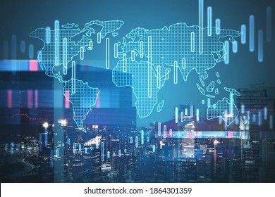 Futuristic interface with graphs and world map over dark cityscape background. 3d rendering toned image double exposure - Powered by Shutterstock - Get 15% off with code: PIKWIZARD15