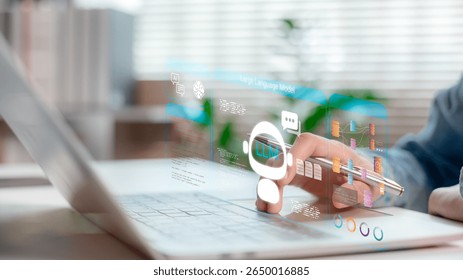 Futuristic interface of Large Language Model (LLM) with chatbot icon, code window, and neural network graph on laptop screen. Concept of AI, NLP, and machine learning.