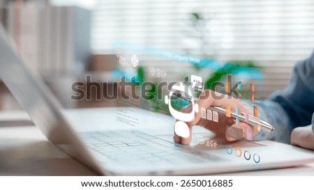 Futuristic interface of Large Language Model (LLM) with chatbot icon, code window, and neural network graph on laptop screen. Concept of AI, NLP, and machine learning.