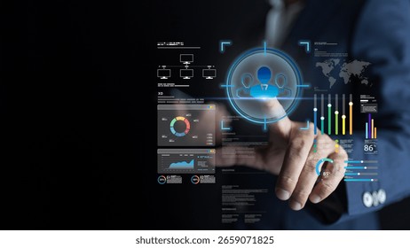 Futuristic interface leverages AI-powered dashboard, advanced business intelligence, digital marketing, innovation, sharpened strategy, data analysis, client recruitment, and CRM target audience