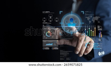 Futuristic interface leverages AI-powered dashboard, advanced business intelligence, digital marketing, innovation, sharpened strategy, data analysis, client recruitment, and CRM target audience