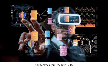A futuristic interface showcasing virtual reality elements focused on data security and cybersecurity innovations emphasizes user interaction and advanced technology.