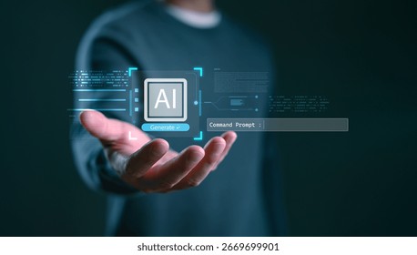 Futuristic interface showing AI command prompt and generate button on virtual screen in businessman’s hand. Concept of artificial intelligence, automation and smart technology.