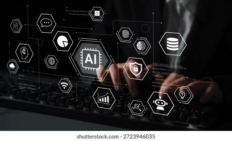 Futuristic Interface Showing Artificial Intelligence Concepts and Data Analysis with Hands on Keyboard in Dark Environment Gluon.