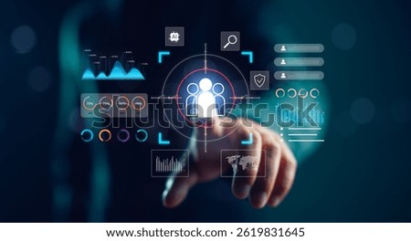 Futuristic interface showing customer data analytics and AI-driven target audience identification. Ideal for marketing, CRM, and business intelligence concepts.