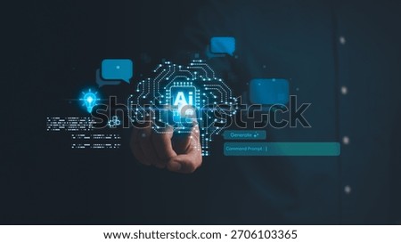 A futuristic interface showing a hand activating an AI chip with glowing circuit patterns and chat icons, symbolizing innovation, machine learning, automation, and intelligent digital transformation.