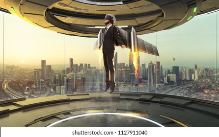 Futuristic Interior Design Empty Space Room With Businessman Wear A Rocket Suit To Lift ,.Business Success Concept  . Mixed Media .