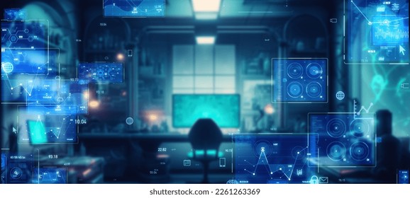 Futuristic interior and digital data concept. Wide angle visual for banners or advertisements.