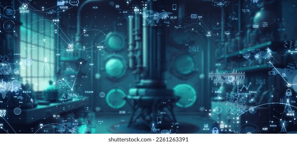 Futuristic interior and digital data concept. Wide angle visual for banners or advertisements.