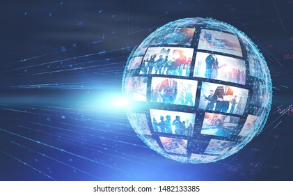 Futuristic internet interface background with planet hologram. Concept of hi tech and social media. Toned image double exposure. Elements of this image furnished by NASA