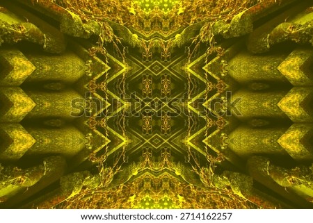 Futuristic jungle temple interface with mirrored neon moss architecture

