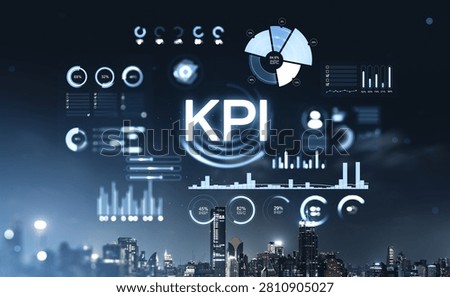 Futuristic KPI dashboard with glowing analytics charts in digital style over a night city background, concept of performance monitoring and data insights