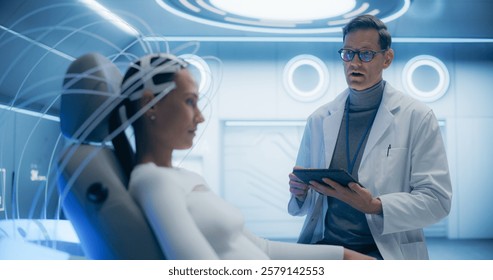 Futuristic Laboratory, Female Patient Wearing Headset for a Brain Scan With Advanced Neural Technology, Monitored by a Doctor. Advanced Research on Neural Diseases. Medical Consultation - Powered by Shutterstock - Get 15% off with code: PIKWIZARD15