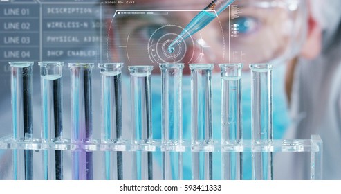 In a futuristic laboratory, a scientist with a pipette analyzes a colored liquid to extract the DNA and molecules in the test tubes.Concept:research,biochemistry,immersive technology,augmented reality - Powered by Shutterstock