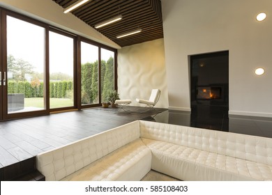 Futuristic Living Room With Fireplace, Lounge Chair And White Sofa