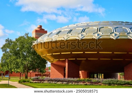 Futuristic Lloyd Wright Dome and Brick Tower in Urban Park Eye-Level Perspective