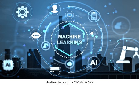 Futuristic machine learning interface with AI technology icons and light effects over city skyline background, concept of innovation and data