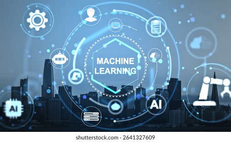 Futuristic machine learning interface with AI icons over cityscape, digital light style on blue tech background, concept of artificial intelligence system