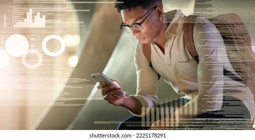 Futuristic Man, Data Hologram And Phone Information Of A Black Man Looking At Mobile Software. Analytics Information, Big Data And Cyber Security Research Of A Digital It Student Hacker Coding