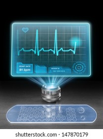 Futuristic Medical Computer With Holographic Screen Displaying ECG.