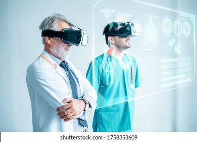 Futuristic Medical Diagnose Through Virtual Reality Glasses Simulator and Screen Interactive, Doctor Team Disease Diagnosis Patient Health on 3D VR Headset in Hospital Surgical Room. Medicine Doctors  - Powered by Shutterstock