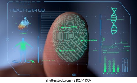 Futuristic medical fingerprint scanner collecting information showing holograms. Technological health system checking user by finger biometrics displaying organs. Digital medicine technology closeup