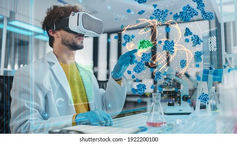 Futuristic Medical Research Laboratory: Research Scientist Wearing Virtual Reality Headset, Does Augmented Reality Research of Bacteria Genome, Using Gestures. AI Biotechnology Research in Progress