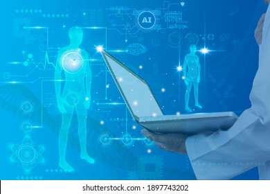 Futuristic medical and Science for people,doctor using computer laptop analysis anatomy Wireframe human body,3D model illustration,virtual scan body,Artificial intelligence or AI for deep learning - Powered by Shutterstock