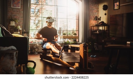 Futuristic Metaverse Home Gym: Strong Athletic Black Man Exercising on Rowing Machine Wearing Virtual Reality Headset. Muscular Mixed Race Sportsman Staying Healthy Using Internet VR Workout Service - Powered by Shutterstock - Get 15% off with code: PIKWIZARD15