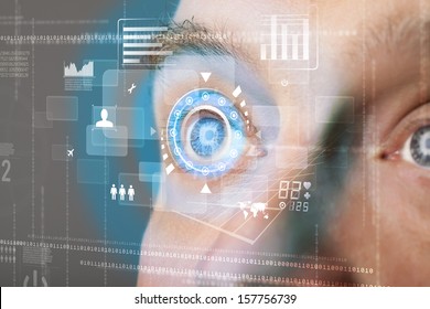 Futuristic modern cyber man with technology screen eye panel concept