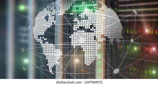 Futuristic modern data center with Holographic 3d planet earth Technology Banner. Telecommunication internet concept. - Powered by Shutterstock - Get 15% off with code: PIKWIZARD15