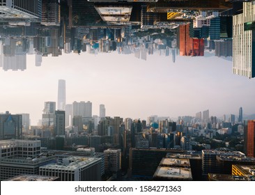 Futuristic Multiverse World Concept. Downtown With Skyscrapers Skyline Under And Cityscape Over. Two Parallel Worlds. Alternative Reality Dimension