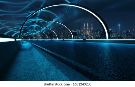 Futuristic Neon Light And Glass Facade Design Of Tunnel Flyover Road With Night Cityscape Background . Mixed Media .