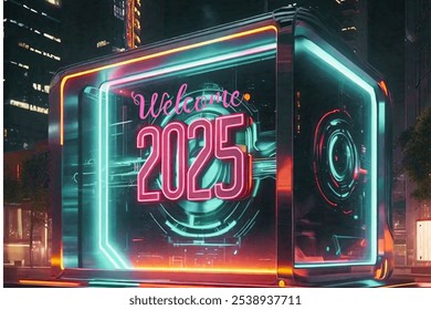 Futuristic neon sign welcoming 2025 with a cyberpunk-inspired cityscape background. Bright and vibrant colors with a digital, high-tech atmosphere, perfect for a futuristic New Year celebration visual - Powered by Shutterstock