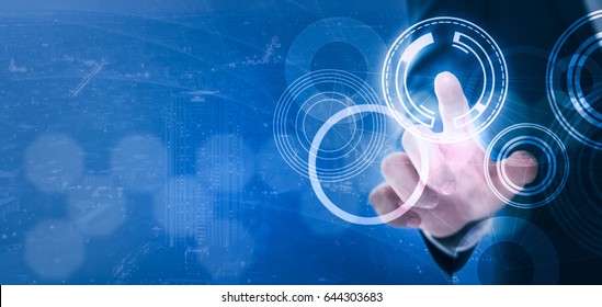 Futuristic networking concept on blurred diffuse city scape background with abstract circles guy pointing with suite. Cold tone. - Powered by Shutterstock - Get 15% off with code: PIKWIZARD15