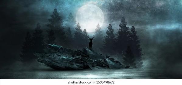 Futuristic night landscape with abstract forest landscape. Dark natural forest scene with reflection of moonlight in the water, neon blue light. Dark neon circle background, dark forest, deer.
