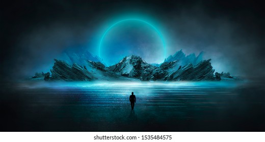 Futuristic Night Landscape With Abstract Landscape And Island, Moonlight, Shine. Dark Natural Scene With Reflection Of Light In The Water, Neon Blue Light. Dark Neon Circle Background.