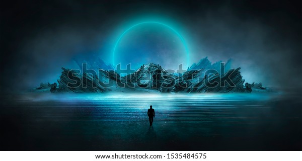 Futuristic\
night landscape with abstract landscape and island, moonlight,\
shine. Dark natural scene with reflection of light in the water,\
neon blue light. Dark neon circle\
background.