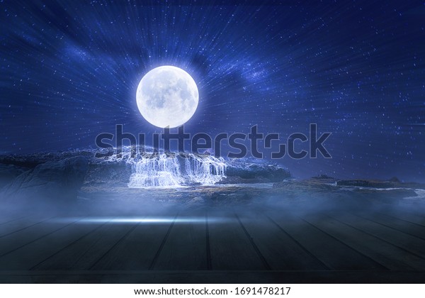 Futuristic\
night landscape with abstract landscape and island, moonlight,\
shine. Dark natural scene with reflection of light in the water,\
neon blue light. Dark neon circle background.\
