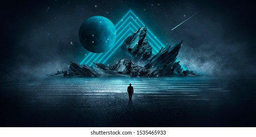 Futuristic night landscape, moonlight, shine. Dark natural scene with reflection of light in the water, neon blue light. Dark abstract background.