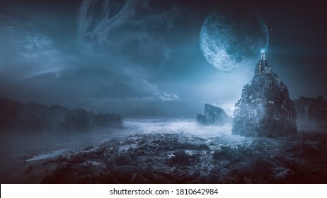 Futuristic night post apocalyptic scenario with abstract alien landscape and moonlight glow in neon blue light.