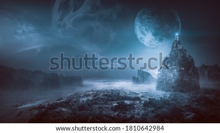 Futuristic night post apocalyptic scenario with abstract alien landscape and moonlight glow in neon blue light.