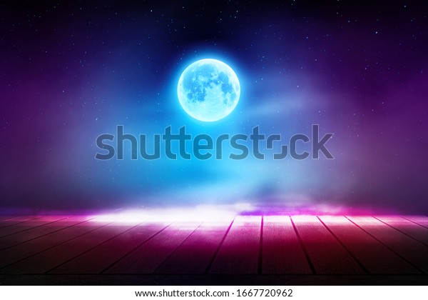 Futuristic night scene. Gloomy dark scene\
with wooden floor, big moon, moonlight. Smoke, shadow. Abstract\
dark, cold street background. Night\
view.